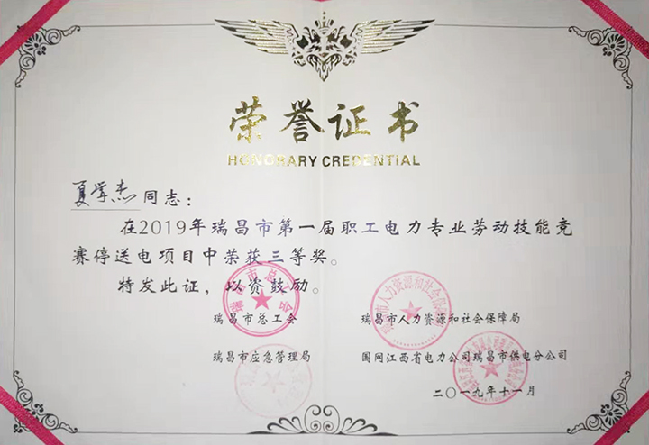 電力專業勞動技能競賽“個人三等獎”(江西亞東) 電力專業勞動技能競賽“個人三等獎”(江西亞東)